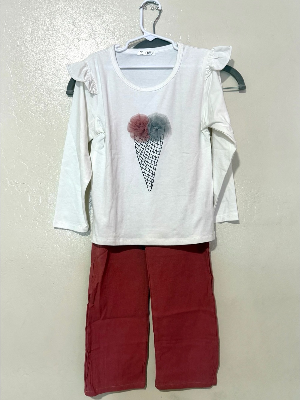NEW Girls White Ruffle Sleeve Top with Pink & Gray Ice Cream Detail